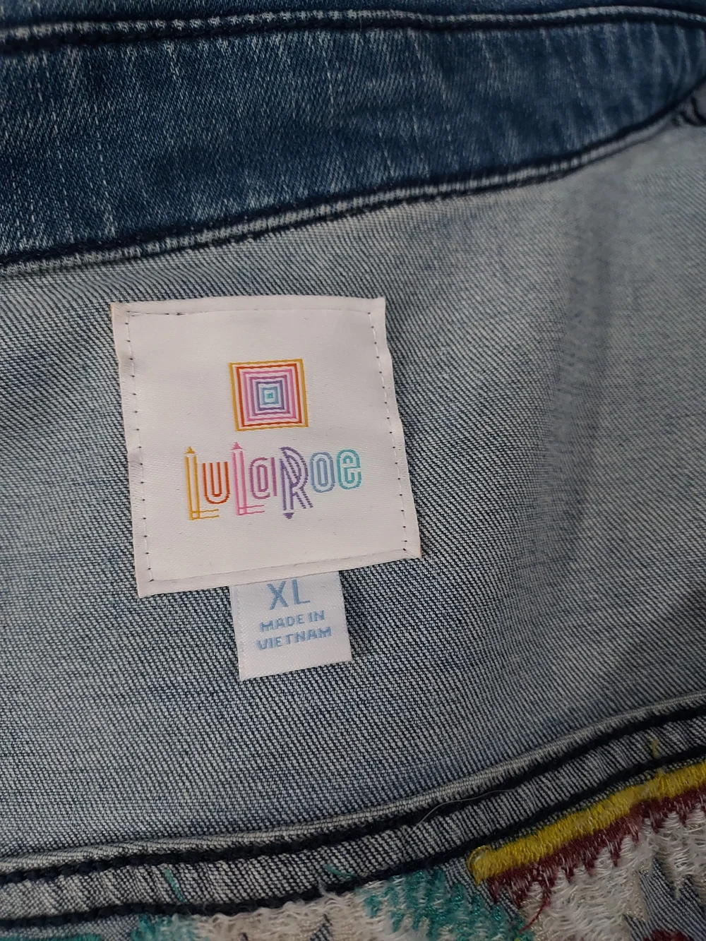LuLaRoe Light and Dark Blue Denim Jacket with Multicolor Aztec Back Xl
